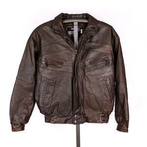 Men's Vintage Leather Bomber Biker Flight Jacket LARGE Dark Brown Classic Retro